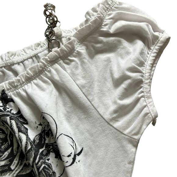 Y2K White and Grey Graphic Rhinestone Off the Shoulder Tunic/Top - Picture 5 of 7